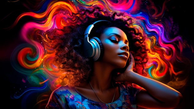 jeune fille avec des écouteurs et des couleurs de l'arc-en-ciel sur un fond coloré à la lumière du néon