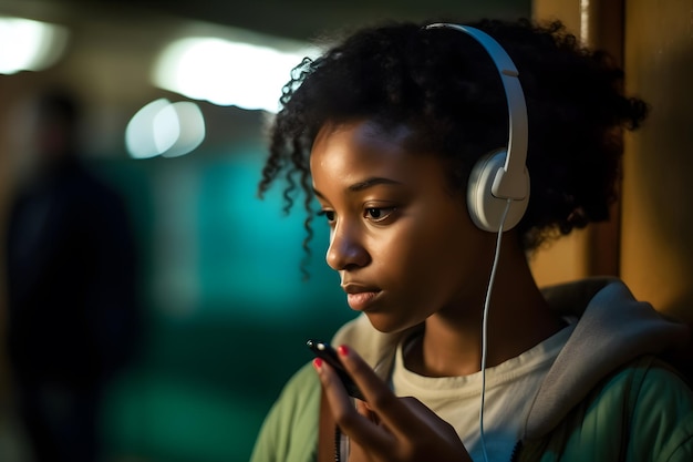 Une jeune fille avec des écouteurs dans le métro écoutant de la musique Un réseau neuronal généré par l'IA