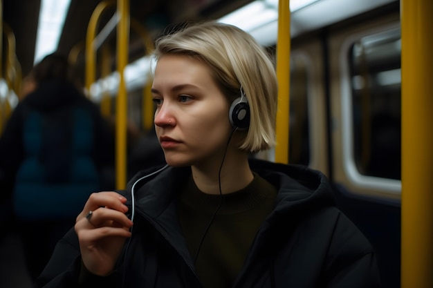 Une jeune fille avec des écouteurs dans le métro écoutant de la musique Un réseau neuronal généré par l'IA