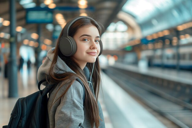 une jeune fille avec des écouteurs écoute de la musique et attend le train à la gare