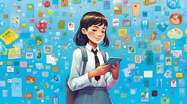 Une jeune fille élève écolière en uniforme scolaire se tient sur un fond pastel regardant un smartphone entouré d'applications et de messagerie Device addiction Generative Ai