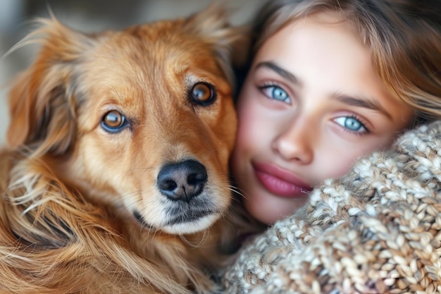 La jeune fille embrasse tendrement le chiot.