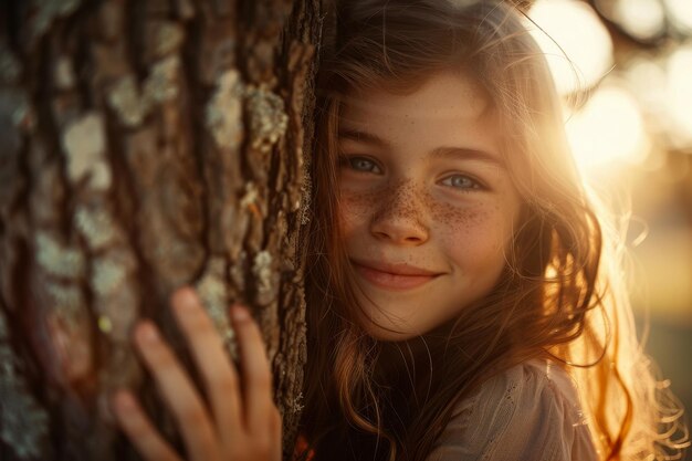 Une jeune fille embrasse un tronc d'arbre et sourit.