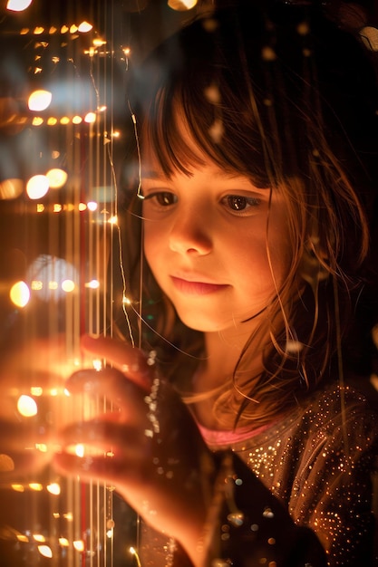 Photo une jeune fille enchantée regardant avec étonnement les lumières étincelantes des fées un moment magique de l'enfance