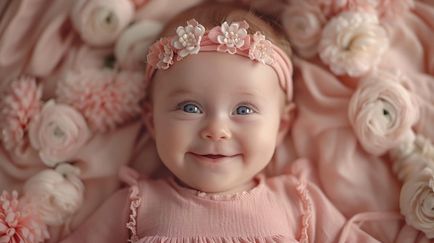 Une jeune fille époustouflante dans une robe rose et une fleur dans ses cheveux repose sur son dos rayonnant de joie dans ses premières années