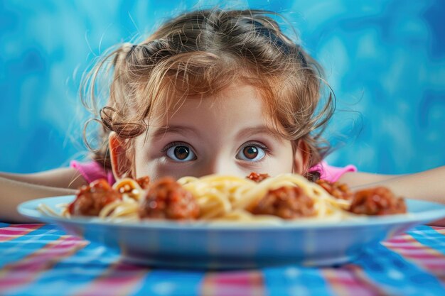 Une jeune fille espionnant des spaghettis avec des boulettes de viande dans un décor de style rétro