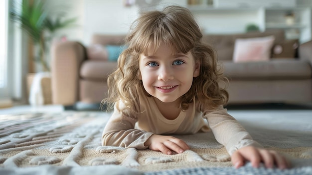 Une jeune fille est allongée sur un tapis dans un salon.