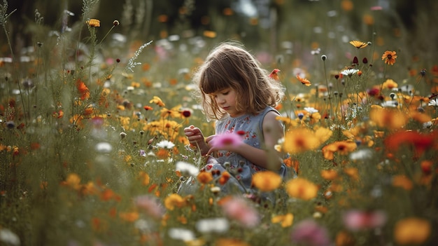 Une jeune fille est assise dans un champ de fleurs.