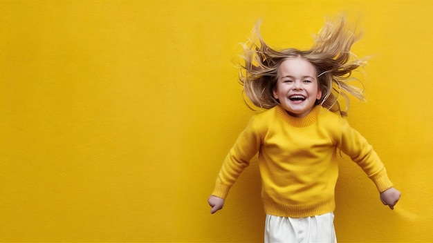 Une jeune fille excitée dans un pull jaune qui se balade dans le studio en sautant avec les cheveux flottants isolée