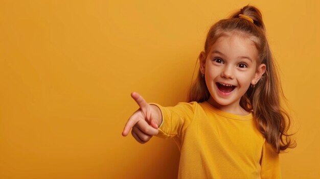 Photo une jeune fille excitée montrant du doigt en jaune sur un fond orange