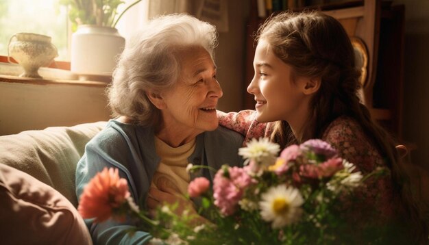 une jeune fille et une femme âgée regardent un bouquet de fleurs