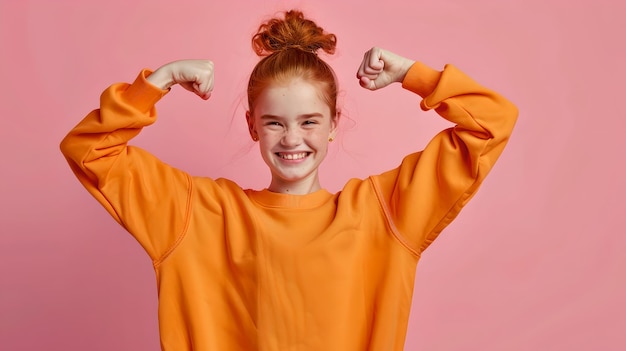 Une jeune fille flexant ses muscles dans un sweat-shirt orange montre sa force et sa confiance sur un fond rose d'IA