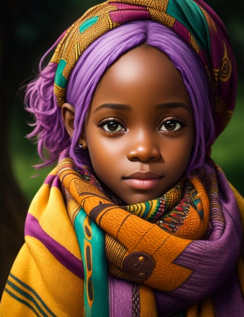 Une jeune fille avec un foulard coloré et un foulart qui dit Afrique