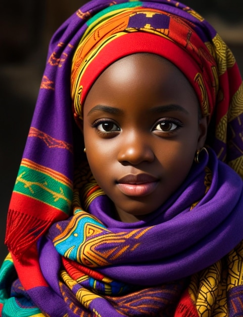 Une jeune fille avec un foulard coloré et un foulart qui dit Afrique