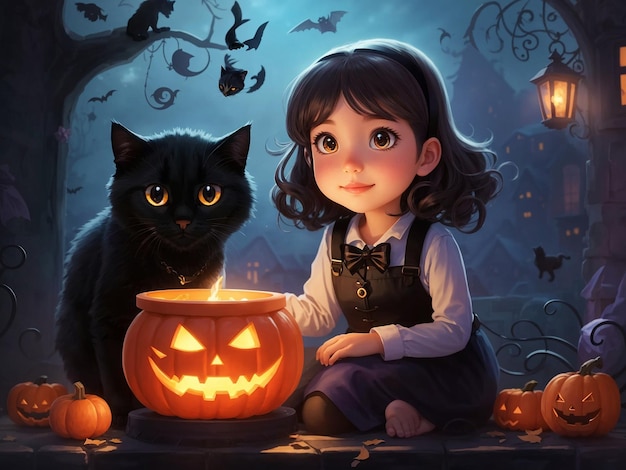 Jeune fille Halloween chat noir avec citrouille IA générative