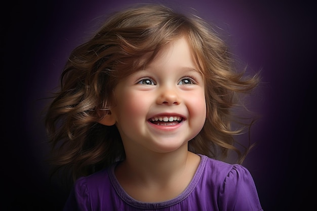 Une jeune fille heureuse rayonnant de joie capture le cœur avec son sourire contagieux Portrait de petite fille mignonne sur le fond du studio Enfant souriant en violet généré par l'IA