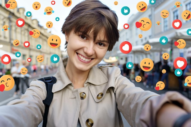 Une jeune fille heureuse tient un téléphone intelligent moderne et fait un portrait de selfie en milieu urbain
