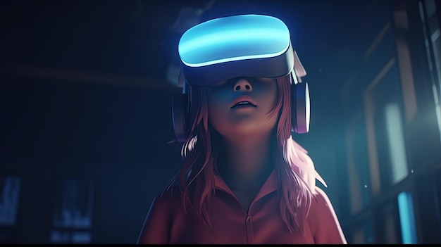 Jeune fille avec illustration d'art numérique casque VR Generative AI