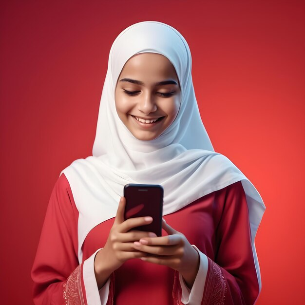 Jeune fille islamique souriante isolée utilisant un smartphone