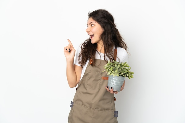Jeune fille de jardinier russe tenant une plante isolée dans l'intention de réaliser la solution tout en levant un doigt
