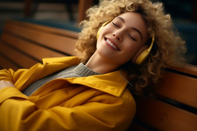 Jeune fille en jaune reposant sur un banc en bois Generative AI