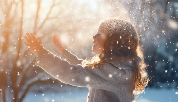 jeune fille jetant de la neige en l'air au soleil