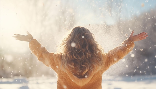 jeune fille jetant de la neige en l'air au soleil