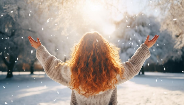 jeune fille jetant de la neige en l'air au soleil