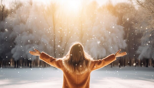 jeune fille jetant de la neige en l'air au soleil