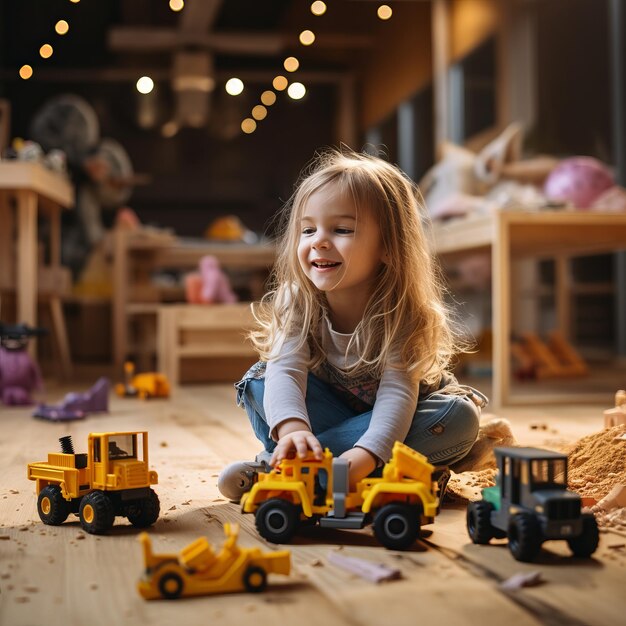 Une jeune fille jouant joyeusement avec des machines de construction des filles jouant avec des jouets de garçons