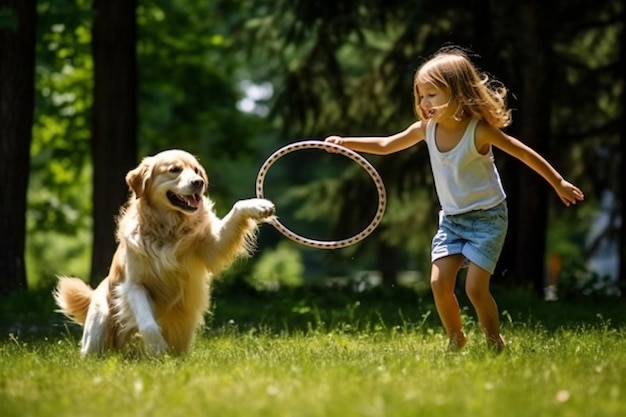 une jeune fille joue avec un anneau de jouet avec un chien labrador sur l'herbe