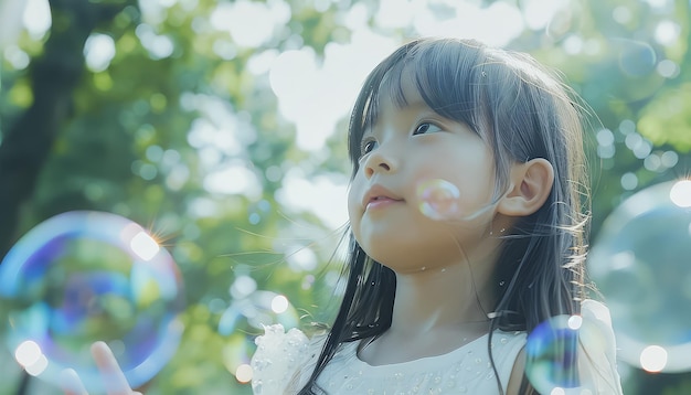Une jeune fille joue avec des bulles dans un parc.