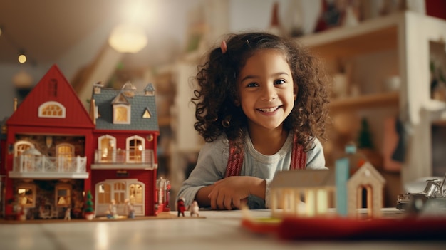 Une jeune fille joue avec une maison de jouets