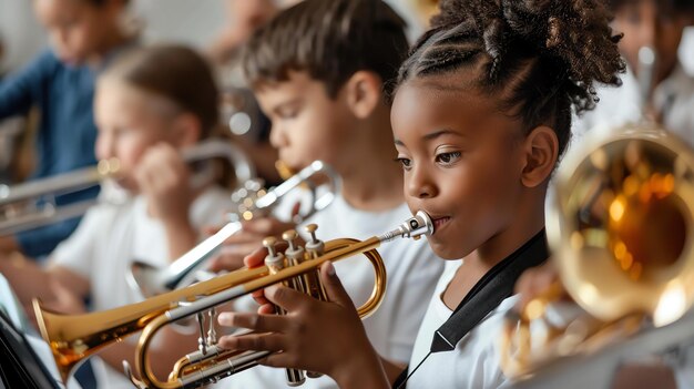 Une jeune fille joue de la trompette dans un groupe scolaire. Elle est concentrée sur la musique et a une expression déterminée sur son visage.