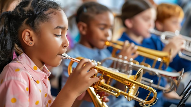 Une jeune fille joue de la trompette dans un groupe scolaire Elle est concentrée sur sa musique et a une expression déterminée sur son visage