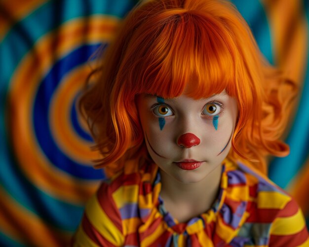 Une jeune fille joueuse aux cheveux orange vêtue d'un costume de clown apportant joie et rire à l'atmosphère costumes drôles et déguisements image