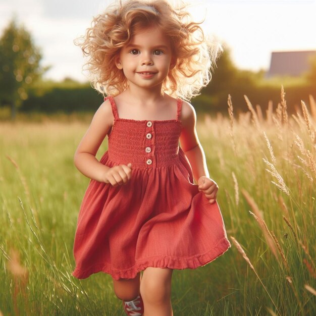 Une jeune fille joyeuse court dans une prairie ensoleillée en fin d'après-midi.