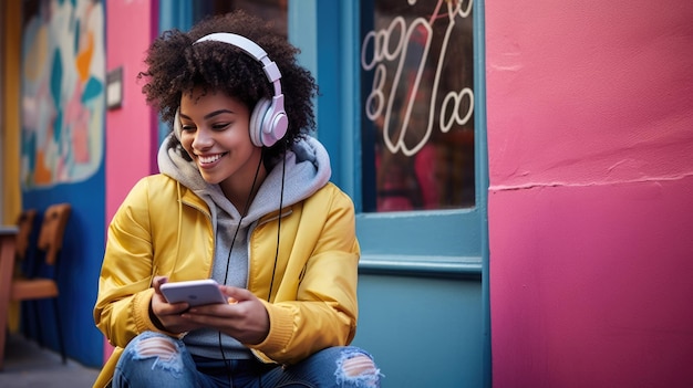 Photo une jeune fille joyeuse avec des écouteurs blancs avec un mur vibrant en arrière-plan appréciant la musique