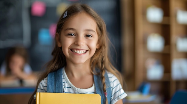 Une jeune fille joyeuse et gentille tient des cahiers d'écriture une écolière en classe en face du tableau noir sourit
