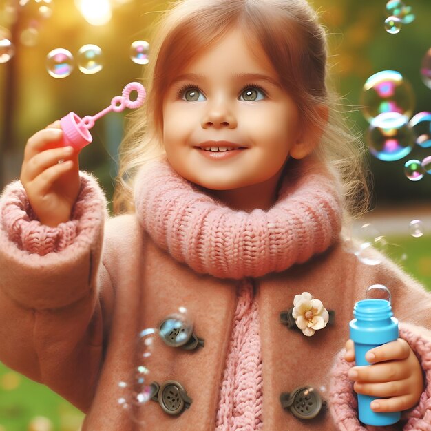 Une jeune fille joyeuse joue avec des bulles de savon par un jour ensoleillé dans le parc
