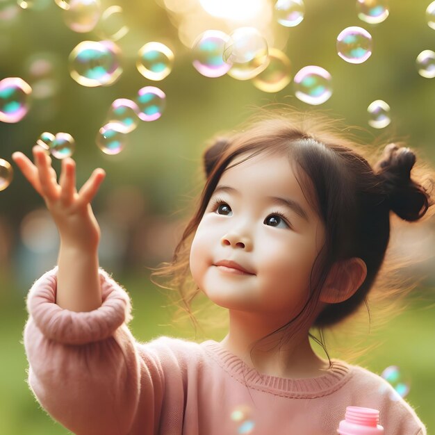 Une jeune fille joyeuse joue avec des bulles de savon par un jour ensoleillé dans le parc