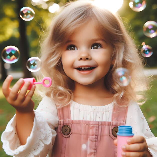 Une jeune fille joyeuse joue avec des bulles de savon par un jour ensoleillé dans le parc