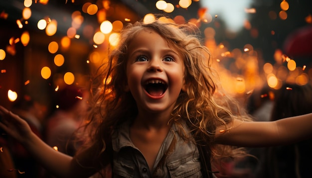 Une jeune fille joyeuse profite de la nuit d'hiver en riant sous les lumières de Noël générées par l'intelligence artificielle