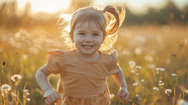 Une jeune fille joyeuse sprintant à travers un vaste champ vert pendant les vacances d'été AI générative