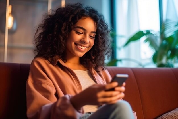 Une jeune fille latine joyeuse s'adonne à des expériences d'applications mobiles IA générative