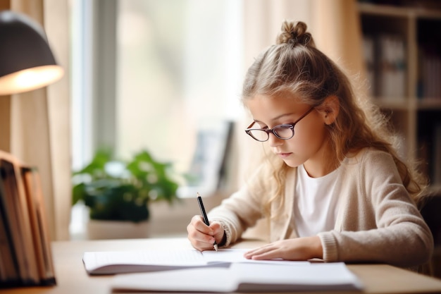 Jeune fille lisant et écrivant dans le cahier