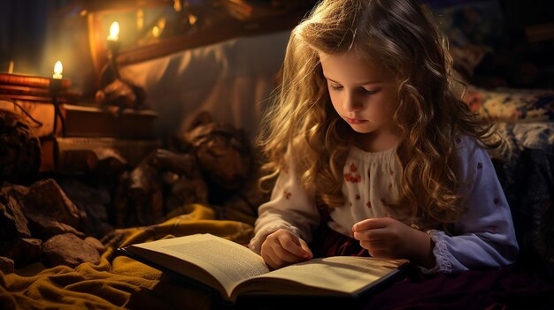 une jeune fille lit un livre sur un lit.