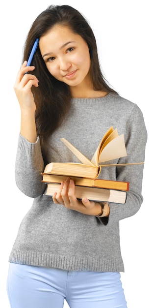 Jeune fille avec livre isolé sur fond blanc