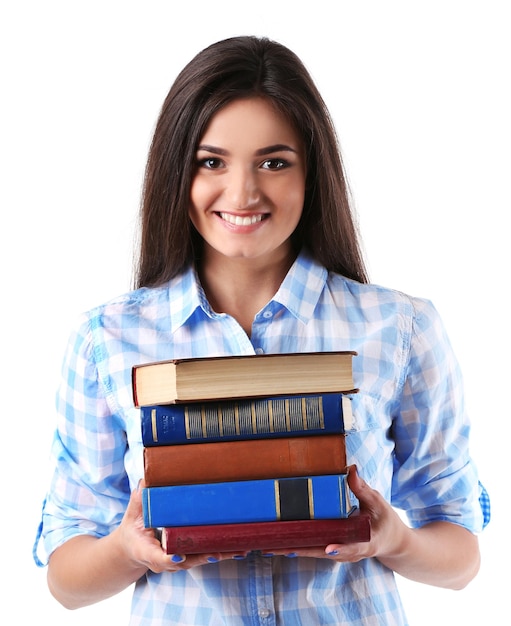Jeune fille avec des livres isolés sur blanc