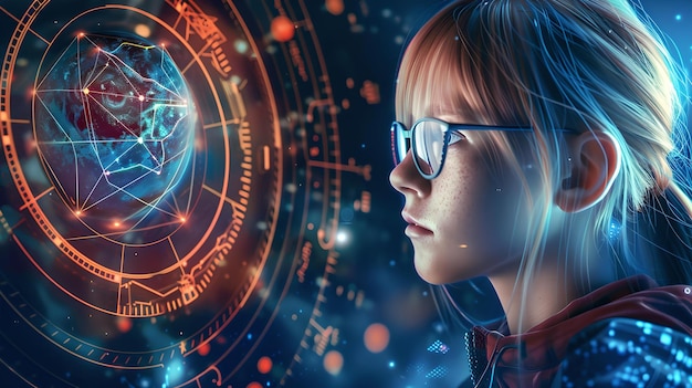 Une jeune fille avec des lunettes plongée dans l'apprentissage numérique futuriste améliorant l'éducation avec la technologie de l'interface de réalité virtuelle AI